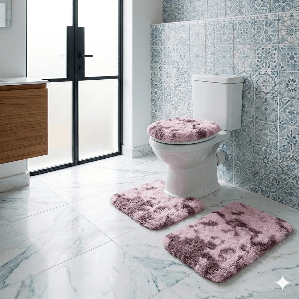 Juego de 3 piezas de tapete para baño pelo alto. - Morado - Ver 1