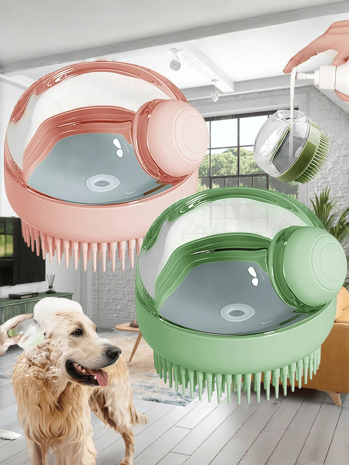 1 chiếc bàn chải tắm thú cưng 2 trong 1 tích hợp bình đựng dầu gội, bàn chải mềm mại massage giúp làm sạch lông cho chó và mèo. - Nhiều màu - Xem 1
