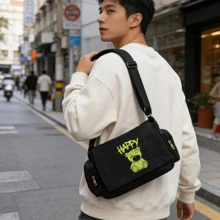 街头涂鸦熊印花斜挎包，大容量耐用帆布单肩包，/街头风格爱好者的日常通勤包 - 彩色 - 查看 5