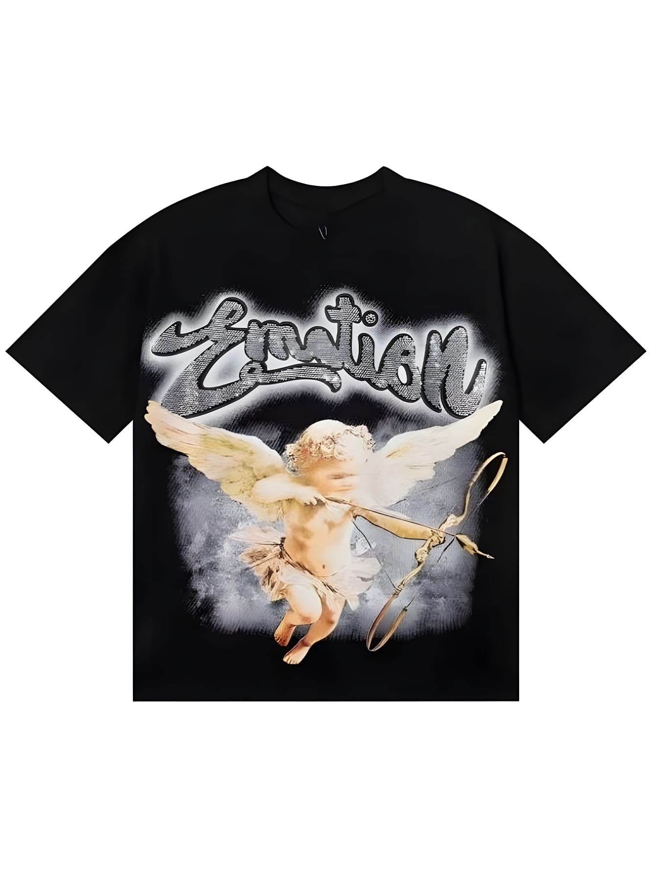 Mixed Emotion Cupid Rhinestone Black Tee High-Quality Streetwear T-Shirts - Black - View 1