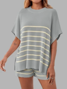 Women's Summer Lounge Striped High Waisted Shorts Oversized Batwing Short Sleeve Tops 2 Piece Knit Short Sets - 淺灰色 - 查看 2
