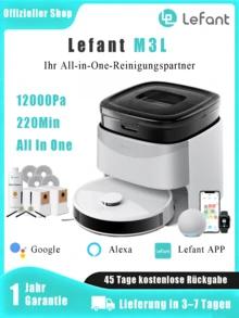 Robot aspirapolvere LEFANT M3L con potenza di aspirazione di 12000 Pa, svuotamento automatico, navigazione LiDAR, rilevamento tappeti, controllo APP di 220 minuti, autonomia di 8 settimane. - Grigio argento chiaro - Visualizzare 2