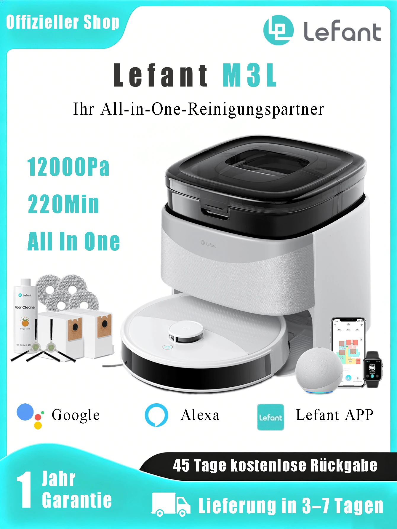 Robot aspirapolvere LEFANT M3L con potenza di aspirazione di 12000 Pa, svuotamento automatico, navigazione LiDAR, rilevamento tappeti, controllo APP di 220 minuti, autonomia di 8 settimane.