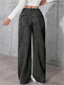 Women's Stretch Waist Wide-Leg Jeans, High-Waisted Tummy-Revealing Straight-Leg Jeans, And Acid-Washed Jeans With Pockets - These Elegant Women's Outfits Are Not Only Comfortable To Wear, But Also Have A Loose Style, Making Them Perfect For Travel, Work Or Daily Office Occasions. - Xanh đậm - Xem 5