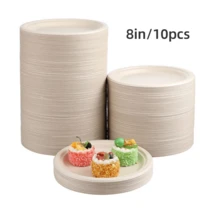 10/50pcs 6/8 Inch Thick Luxury Sugarcane Fiber Paper Plates - Reusable, Leak-Proof, Disposable, Suitable For Celebration Events - Multicolor - View 11