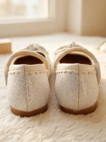Giày Mary Jane màu trắng ngọc trai có khóa dán điều chỉnh được cho bé gái 3-12 tuổi, đính nơ ngọc trai và đá lấp lánh, kiểu dáng công chúa, thích hợp cho tiệc tùng và đám cưới. - Màu be - Xem 7