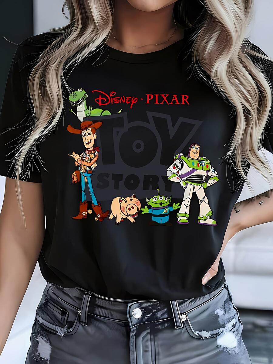 Women's Casual Disney Toy Story Graphic Print Short Sleeve T-Shirt In Black Cotton, Regular Fit Round Neck Tee With Slight Stretch Fabric, Men's Sizes Suitable For The Whole Family - Black - View 1