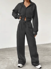 Conjunto de chaqueta con cremallera y pantalones para mujer - Negro - Ver 1