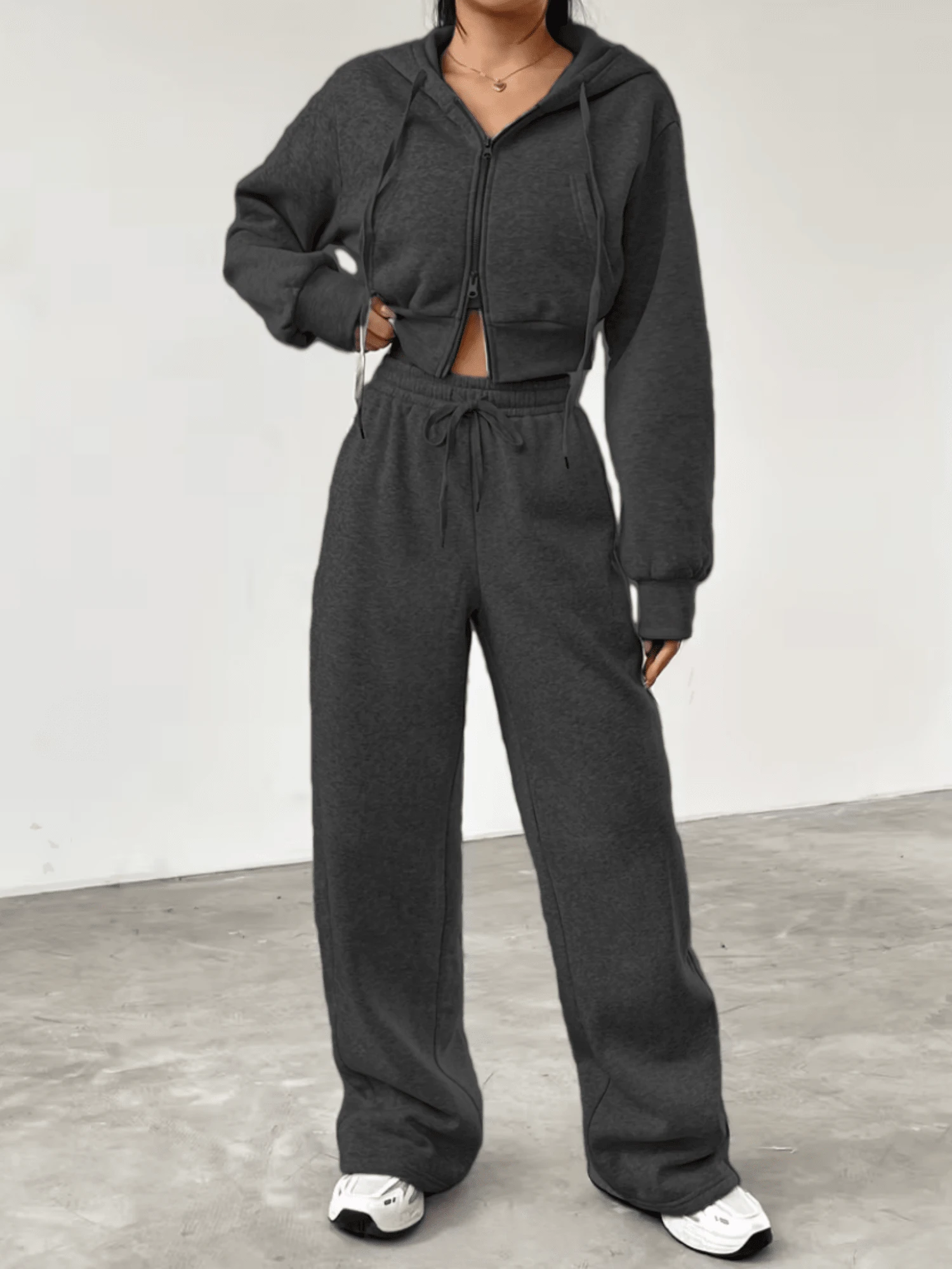 Conjunto de chaqueta con cremallera y pantalones para mujer - Negro - Ver 1