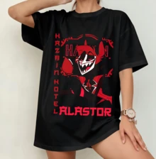AlastorHazbin Hotel Retro Anime Aesthetic Portrait T-Shirt | Nostalgia Unisex Crew Neck Fan Merch Black - 黑色 - 查看 10