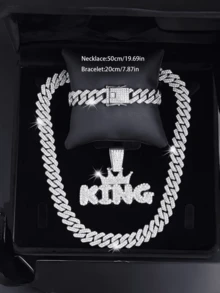 3pcs Miami Cuban Link Necklace/Bracelet/Pendant Set, Hip Hop Fashion Letter Pendant Necklace, Men's Party & Music Festival Jewelry, Bold Design For Casual Outfit, Multifunctional Jewelry Accessory Gift - Letter Necklace - View 3