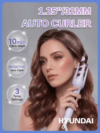 1 pieza Tenacilla eléctrica automática con 3 ajustes de calor, barril de 32mm, varilla de rizado giratoria, diseño anti-quemaduras, calentamiento rápido y rotación bidireccional, apagado automático, adecuado para cabello suave, fino, medio y grueso, excelente para ondas sueltas y rizos de playa, ideal para peinado diario, viajes, fiestas y regalos
