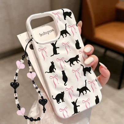 两件套（可爱卡通黑猫蝴蝶结手机壳 + 亚克力爱心手链），白色流星雨图案简约设计手机保护壳，采用 TPU 材质，防震防摔，适用于 16 Pro Max/16 Plus/16 Pro/16/15 Pro Max/15 Plus/15 Pro/15/14 Pro Max/14 Plus/14 Pro/14/13 Pro Max/13 Pro/13/12 Pro Max/12 Pro/12、-C31、A54-4G、Y50、-Note14、-12、A14-5G、A06-4G、Smart8、-Smart9，是生日、情人节、母亲节送给朋友、爱人或家人的绝佳礼物。