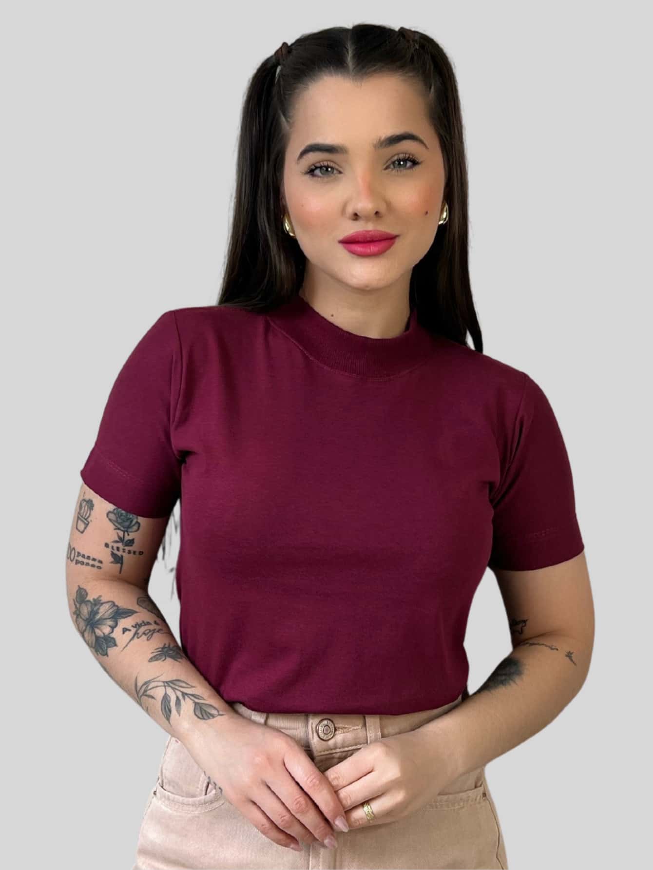 T-shirt Básica Lisa Blusa Gola Alta Manga Curta Camiseta Algodão Casual