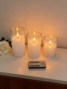 3pcs Transparent Acrylic LED Flameless Candle Set, Programmable Timer & Remote Control, Battery Powered White Pillar Candles, Home & Wedding Decor - White - View 7