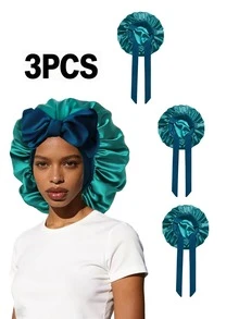 3件套女士优雅缎面睡帽，带蝴蝶结和可调节系带 - 柔软护发睡眠帽，适合卷发，女士睡帽浴帽，波西米亚风 - 3個純色飄帶 - 查看 23
