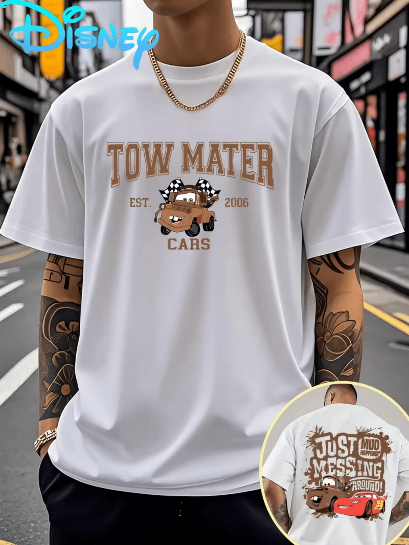 (Disney Licensed)Disney Cars Tow Mater Men's T-Shirt, Tow Mater Double Sided Graphic Tee, Oversized Crew Neck Short Sleeve Casual Streetwear T-Shirt, "TOW MATER EST 2006" Front & "Just Messing Around" Back Print Men's Summer Top, Disney Officially Authorized Men's Short-Sleeved T-Shirts, Mens Clothes, Men, Ropa De Hombre, Summer Clothes, Men Shirts, Graphic Tees, Disney Outfits Men, Graphic Tees, Camisetas Para Hombre, Camisas Para Hombre, Summer Outfits For Men, Father's Day Gift, Perfect Gift For Family And Friends, Which Are Necessary For Birthday Parties, Disney Shirts, Mens Clothes, Summer Clothes, Officially Licensed Disney T-Shirts, Disney Men's And Women's Spring/Summer Fashion Casual Short-Sleeve T-Shirts - 白色 - 查看 1