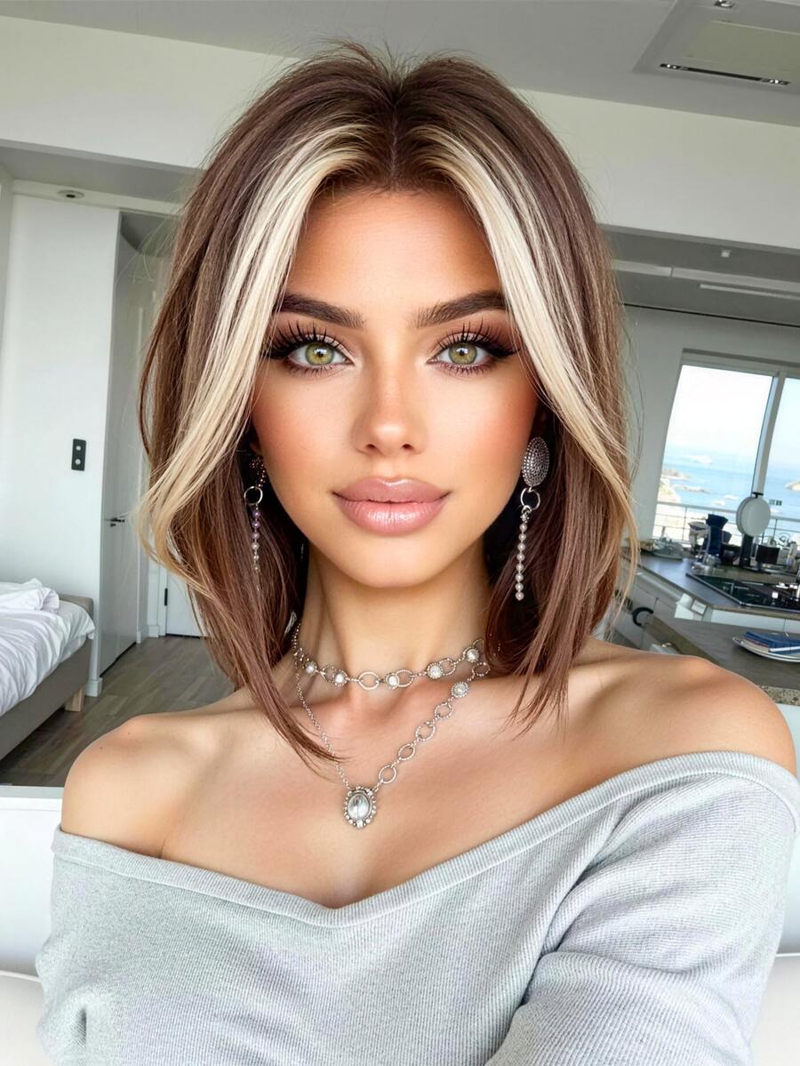 12 Inch Layered Middle-Parted Bobo Wig, Suitable For Summer Daily Wear, Parties, Cosplay, Music Festivals And Holidays, A Practical Gift For Girls
