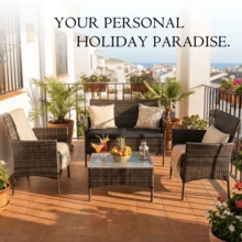 OYAJIA 4 Piece Rattan Seating Set –4-Seater Rattan Dining Set Garden Rattan Sofa With Cushions Complete Outdoor Garden Furniture Set – Steel Frame & PE Wicker Construction – Weather Resistant - B - View 2