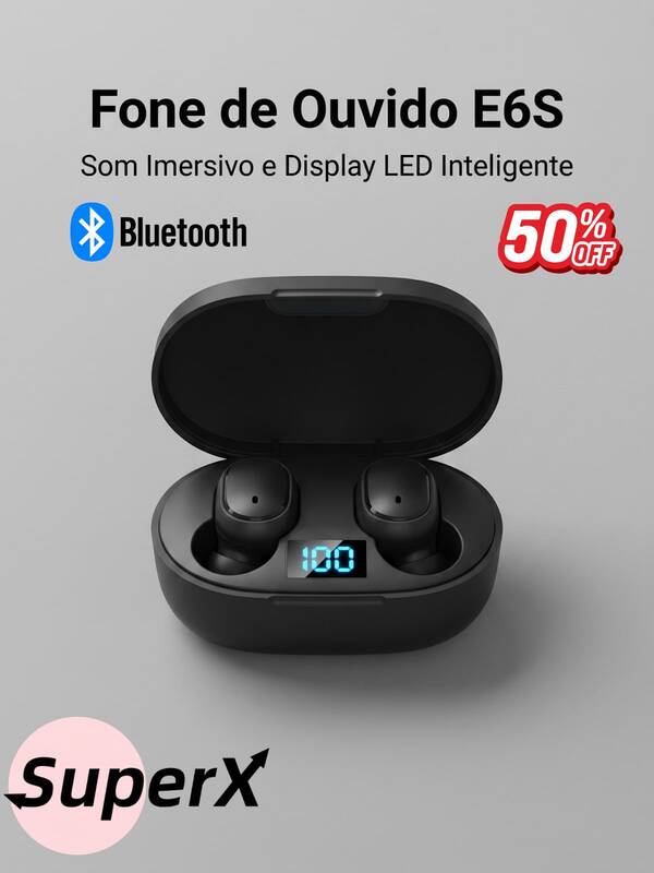 Fone Sem Fio TWS E6s Bluetooth 5.0 com Tela LED Digital