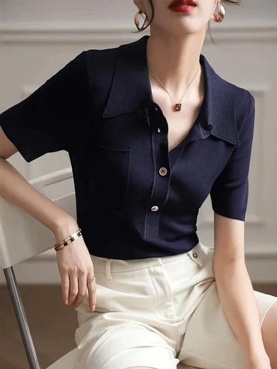 Áo len nữ thanh lịch, kiểu dáng thường ngày, áo chui đầu thời trang, áo màu trơn cổ bẻ, khóa kéo nửa thân, tay ngắn, dáng ôm, thích hợp mặc đi làm và dã ngoại mùa hè.