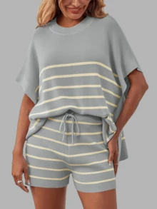 Women's Summer Lounge Striped High Waisted Shorts Oversized Batwing Short Sleeve Tops 2 Piece Knit Short Sets - 淺灰色 - 查看 4