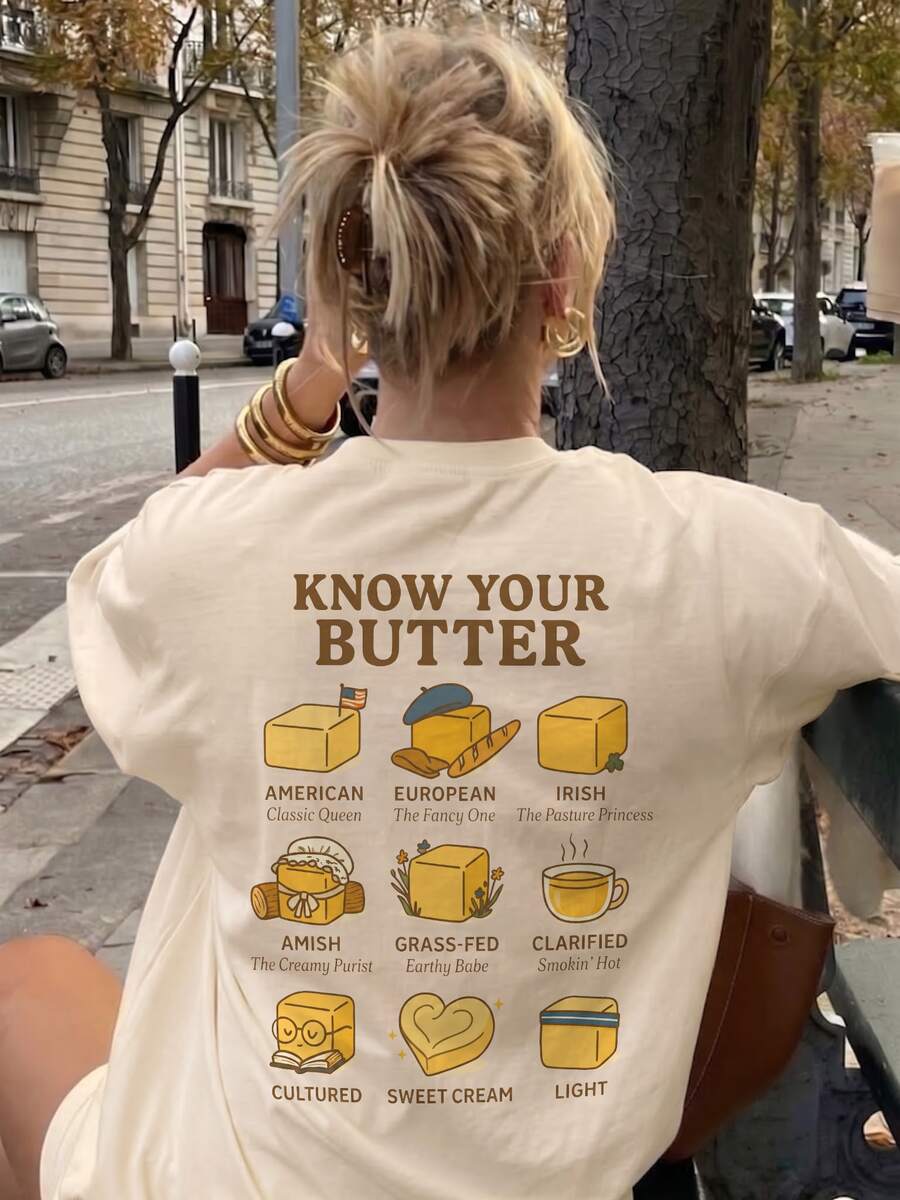 Graphic Print Short Sleeve T-Shirt For Women, Casual Loose Fit Retro American Style Round Neck Versatile Top For Summer - Apricot - View 1