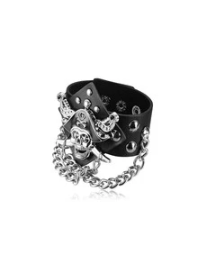 1-4 chiếc vòng tay da bản rộng, đính đinh tán hình đầu lâu quỷ dữ phong cách Punk Rock Gothic Biker màu đen, có thể điều chỉnh kích thước, dành cho nam giới. - Bạc - Xem 6
