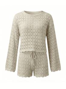 Bộ đồ nữ thanh lịch, đơn giản, màu trơn, dệt kim, cổ tròn, tay dài và quần short có dây rút, thích hợp cho mặc hàng ngày, dạo phố, cuối tuần, kỳ nghỉ, du lịch, đi biển vào mùa xuân/hè. - Màu be - Xem 8