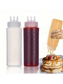 1 pieza Botella exprimible multifuncional de cocina, diseño de degradado de 3 agujeros, material de PE, apto para salsas, condimentos y hornear, incluye boquillas blancas, rojas y ámbar, dispensador de condimentos, accesorio de cocina moderno, material transparente, botella exprimible para salsa de soja - transparente - Ver 6