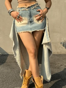 Y2K Vintage Washed Frayed Hem Asymmetric Hem Sexy Denim Skirt, Music Festival Casual - Blue - View 7