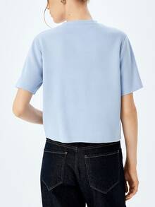 Women's Elegant Casual Knit Short Sleeve Top, Minimalist Solid Color Round Neck Knit Short Sleeve Cardigan, Outdoor Wear Summer - Blue - View 2