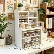 1pc Clean White Multi-Tier Desktop Storage Shelf, Upgraded Thickened Durable Plastic Rectangular Organizer, Multi-Compartment Desk Storage Solution For Cosmetics, Stationery And Books, Perfect For Home Workspaces, Offices & Student Dorms - White Small Size - View 6