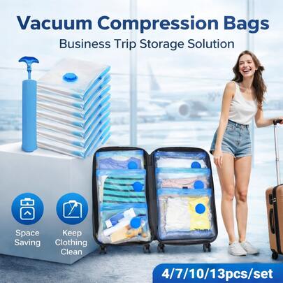 4/7/10/13pcs Vacuum Storage Bags (With Manual Air Pump) - Made Of Thick Plastic Material, Excellent Sealing And Compression Effect, Space-Saving, Suitable For Clothes, Bedding, Seasonal Wear - Ideal For Wardrobe, Travel And Home Storage