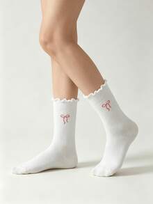 1/5 Pairs Cute Cartoon Pattern Frilled Trim Mid-Calf Socks, Versatile For Spring And Summer - Multicolor - View 4