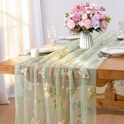 Khăn trải bàn voan xanh thêu hoa dại, khăn trải bàn voan mỏng họa tiết hoa mùa xuân cho phòng ăn, ngày lễ, đám cưới, sinh nhật, tiệc mừng em bé, trang trí bàn tiệc thủ công tự làm (1 cái)
