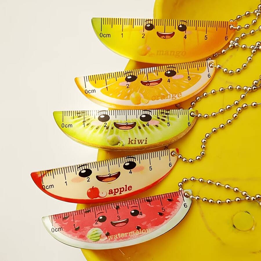 5支装迷你可爱卡通水果亚克力尺，带链，透明口袋尺，掌心大小，可作背包笔袋，文具礼品，毕业季和返校季必备小巧口袋测量工具 - 水果 - 查看 1