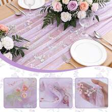 Camino de mesa floral púrpura, camino de mesa de malla bordada con flores silvestres de primavera/verano, adecuado para bodas, despedidas de soltera, baby showers, decoración DIY para cocina y hogar en días festivos - Púrpura malva - Ver 2