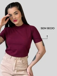 T-shirt Básica Lisa Blusa Gola Alta Manga Curta Camiseta Algodão Casual - Marsala - Visão 4