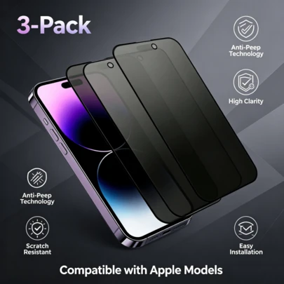 3 pièces/Paquet : Cet écran de protection de confidentialité avec cadre noir est compatible avec les téléphones Apple. Il s'agit d'un film en verre trempé, également appelé film en verre, film de confidentialité à cadre noir ou protecteur d'écran de téléphone. Il offre une couverture complète, prend en charge le déverrouillage par empreinte digitale, a une surface lisse, sans obstruction et sans bords tranchants, en en fait un film de téléphone.