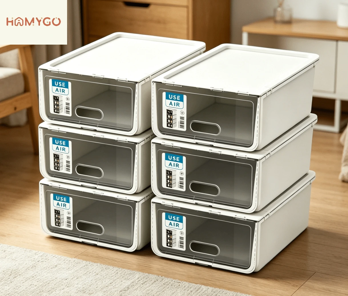 HOMYGO-Zapatero USE Air 36x24x14 cm | Caja Organizadora de Zapatos Apilable, Transparente y en Colores: Blanco, Marrón, Arena y Cristal | Almacenaje para Calzado Resistente - Blanco - Ver 1
