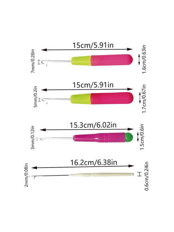 Bộ 4 kim móc dùng để tết tóc giả, các kích cỡ 2mm/3mm/5mm/7mm, phù hợp với tóc thật, tóc giả, tóc tết, tóc dreadlocks, cũng thích hợp để sửa chữa áo len, dệt thảm, đồ thủ công DIY, vá vải.