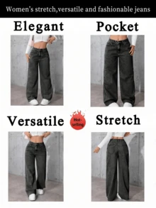 Women's Stretch Waist Wide-Leg Jeans, High-Waisted Tummy-Revealing Straight-Leg Jeans, And Acid-Washed Jeans With Pockets - These Elegant Women's Outfits Are Not Only Comfortable To Wear, But Also Have A Loose Style, Making Them Perfect For Travel, Work Or Daily Office Occasions. - Xanh đậm - Xem 7