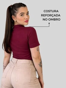 T-shirt Básica Lisa Blusa Gola Alta Manga Curta Camiseta Algodão Casual - Marsala - Visão 9