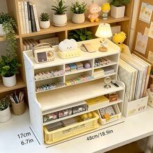 Upgraded Thickened Multi-Tier Desktop Shelf 1 Piece, Durable Plastic Rectangular Desk Organizer With Multi-Compartment Design, All-Purpose Storage For Cosmetics, Books & Stationery, Clean White Tabletop Storage For Home, Office & Dormitory - 白色大號 - 查看 4