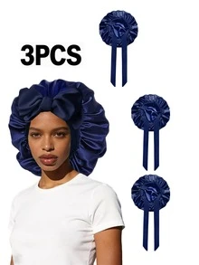 3件套女士优雅缎面睡帽，带蝴蝶结和可调节系带 - 柔软护发睡眠帽，适合卷发，女士睡帽浴帽，波西米亚风 - 3個純色飄帶 - 查看 6