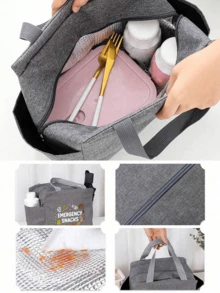 1/2pcs/Set Thermal Bag, Insulated Bag With The Snack Pattern Paired With A Black Cutlery Storage Bag, A Double Pocket Lunch Box Bag, Large Capacity, Student Meal Insulated Refrigerated Bag, Portable Travel Picnic Bag, Office School Lunch Bag Insulated Lunch Box, Work Lunch Box, Work Office Holiday Lunch Box, And Multi-Functional Camping School Lunch Box For Both Men And Women(Four Colors To Choose From) - Multicolor - View 9