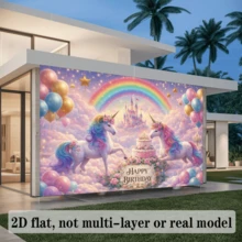 Fondo de fiesta de cumpleaños con tema de unicornio 2D plano, con arcoíris, castillo, pastel de cumpleaños, globos de colores, estrellas doradas y elementos de nubes, hecho de material de poliéster, sin necesidad de energía, adecuado para celebraciones interiores/exteriores, se puede usar como decoración de pared de uso múltiple, telón de fondo fotográfico para reuniones en el hogar, eventos de oficina, fiestas al aire libre, decoración de estudio, regalo festivo, ligero y fácil de colgar, crea una atmósfera soñadora - 1 - Ver 3