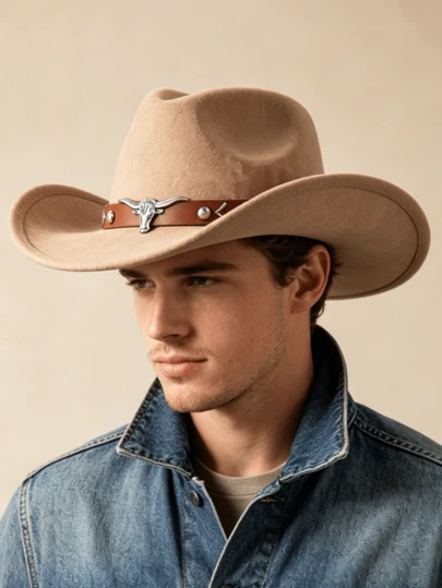 1 pièce Chapeau de cowboy unisexe rétro avec motif de cornes de taureau, convient pour le port quotidien décontracté, la fête de cowboy western