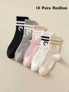 5/10 Pairs Women's Random Multi-Color Double Stripe, Heart Shaped, Soft & Comfortable Mid-Calf Socks, Fashionable For Sports, Daily Wear, And Dates - Multicolor - View 7